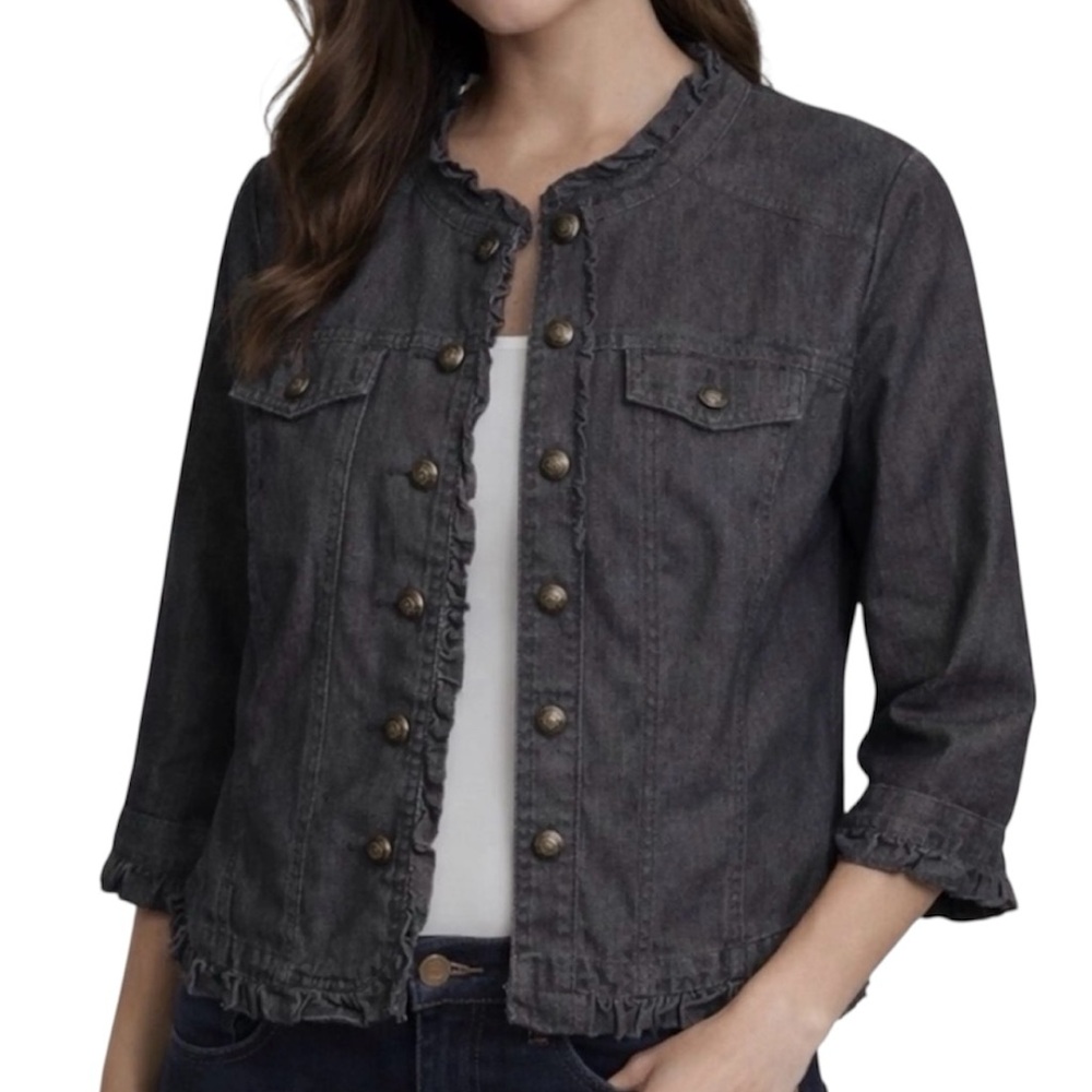 Sandro Black Denim Jacket Ruffle Button Up Shacket Cotton Casual Military Sz S
